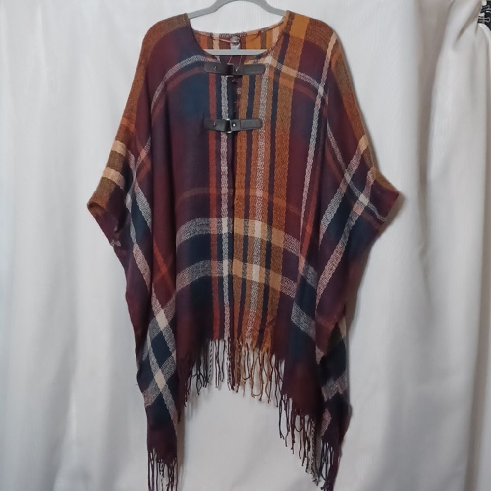 Mix it Multi-colored  Plaid Poncho With Double Faux Leather Buckle. One Size.